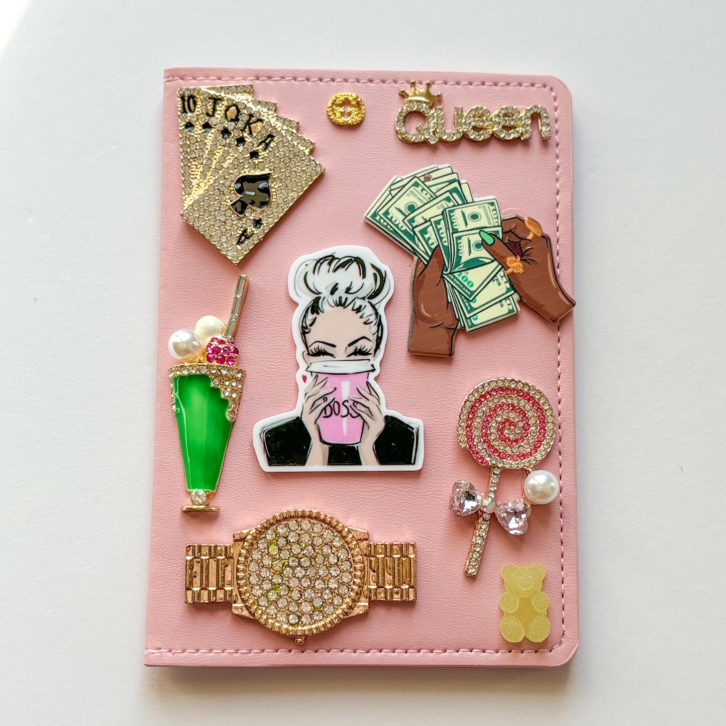 Pink Charmy Bedazzled Hand-Designed passport cover| LuxPoshDesigns by Lumi Haven